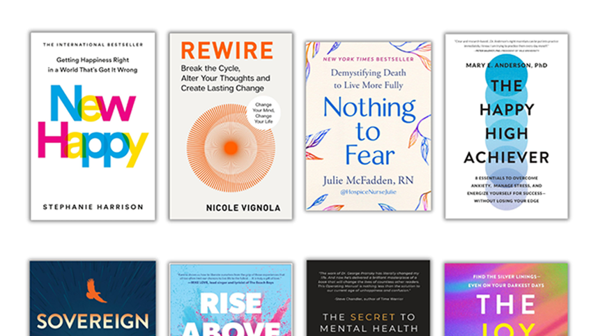 Grid of selected books including New Happy