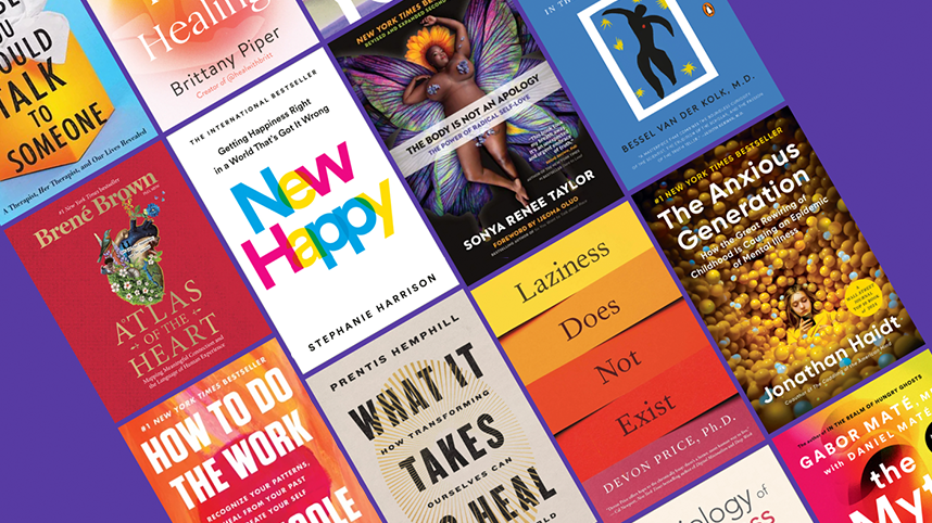Grid of book covers including New Happy