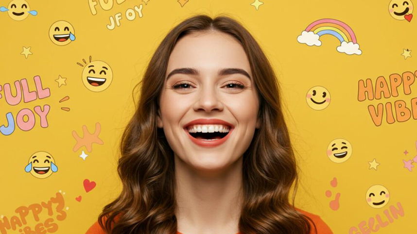 Woman smiling on yellow background patterned with Smiley Faces and positive messages