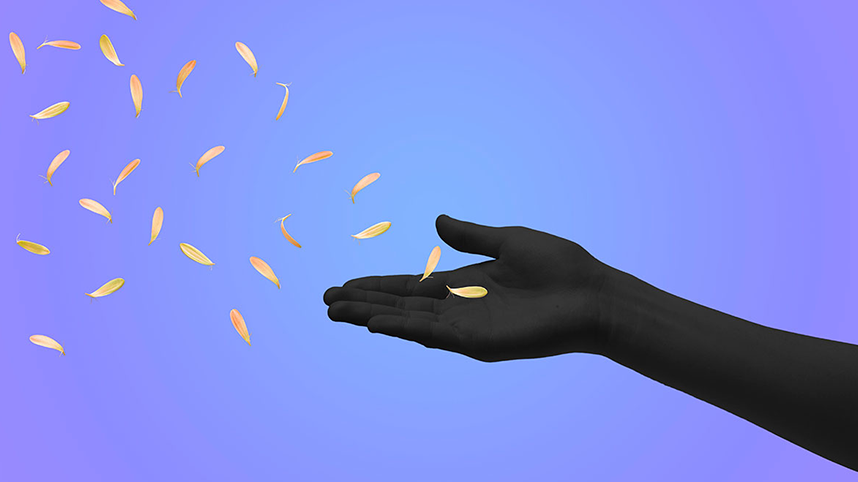 Illustration of a hand with petals floating off it