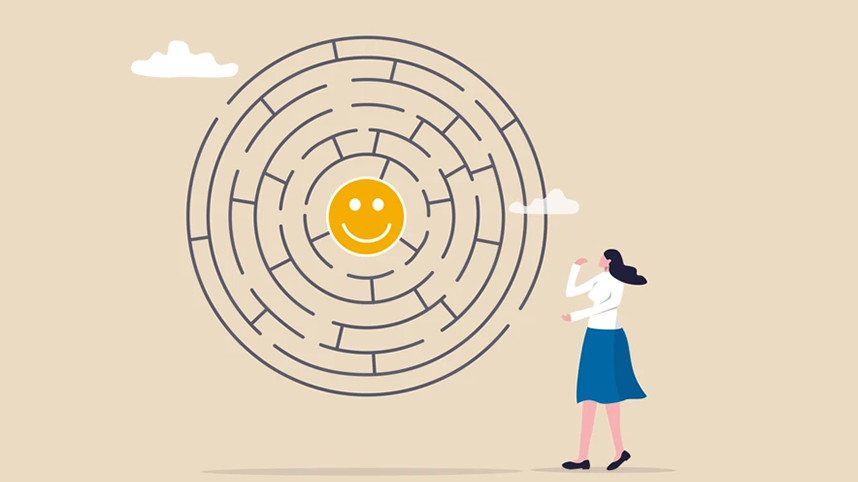 Illustration of person looking at maze with smiley face in the center