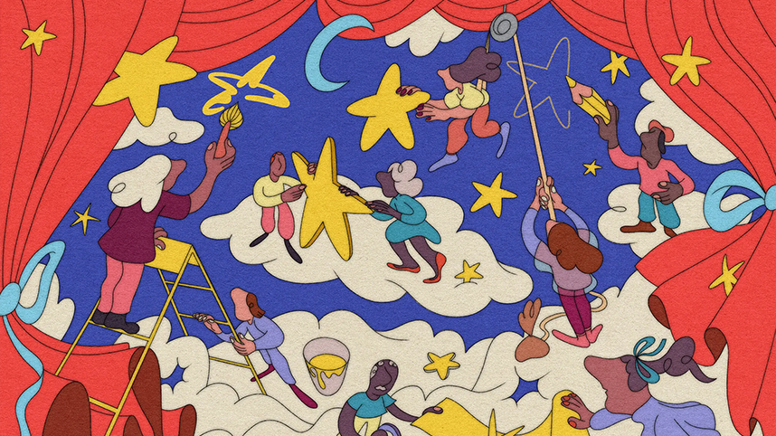 Illustration of people making and placing stars in the sky