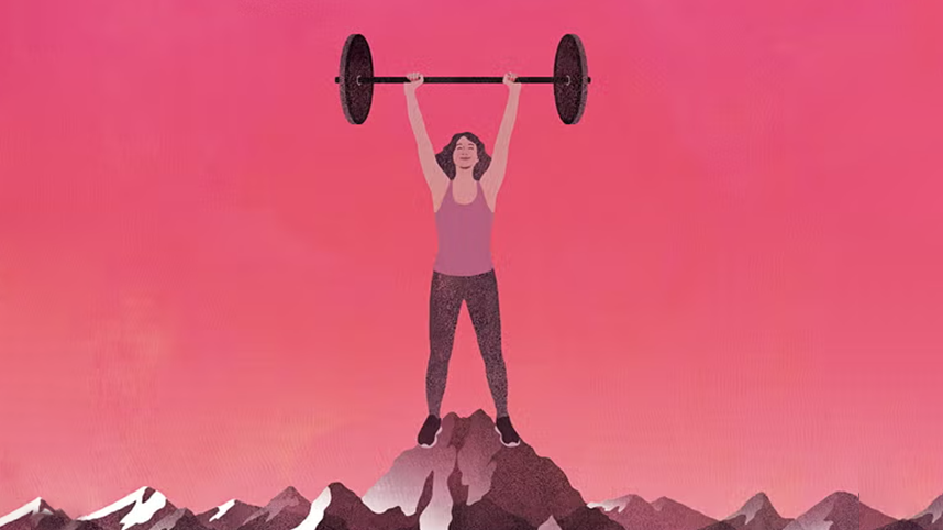 Person atop mountains, lifting barbell above head