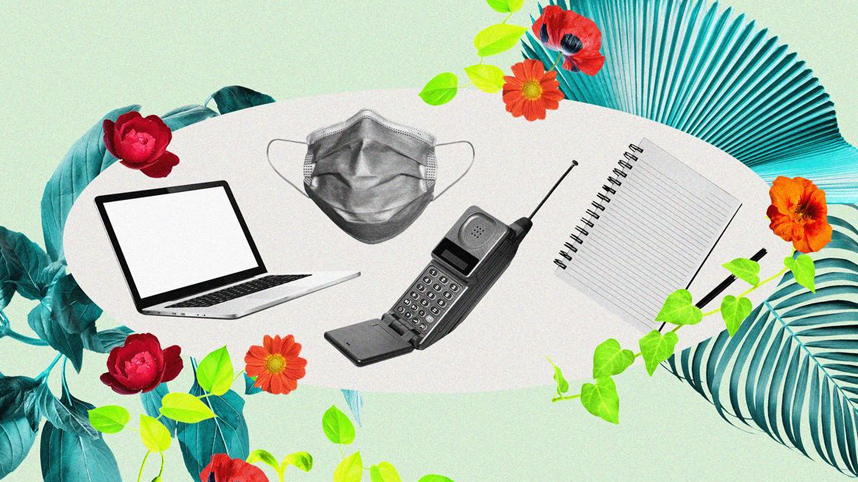 Collage of devices and flowers