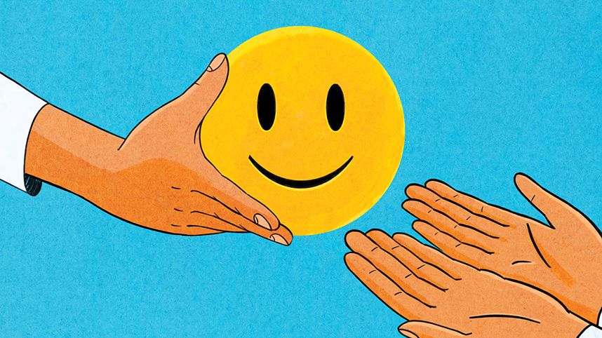 Hand passing smiling face to other outreaching hands